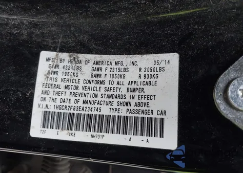 2014 Honda Accord Ex-L z USA, uszkodzony, nr VIN 1HGCR2F83EA234745